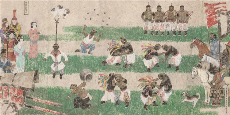 王迎春、杨力舟、杨臻 丝路遗韵·赫赫竞技乐 国画 194cm×390cm.jpg “一带一路”国际美术工程作品展在京展出
