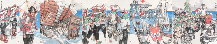 张道兴《多彩港湾》 180cm×939cm 国画.jpg “一带一路”国际美术工程作品展在京展出