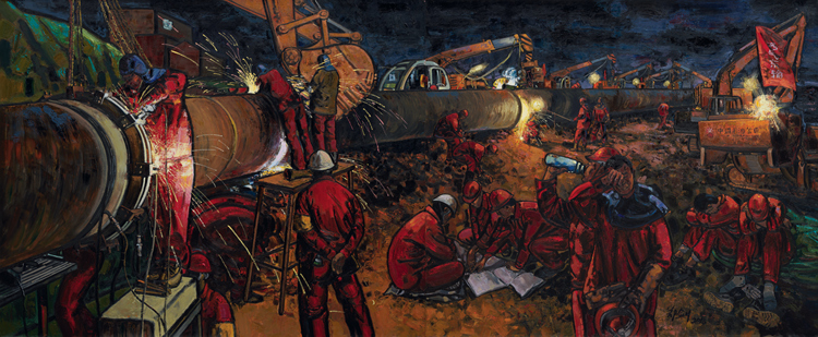 郑剑《西气东输之奋战者》180cm×420cm 油画.jpg “一带一路”国际美术工程作品展在京展出