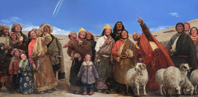 09于小冬《看飞机》,油画,200cm×400cm,2013年.jpg 万古雪域开新篇——庆祝西藏和平解放70周年美术摄影展在京开幕