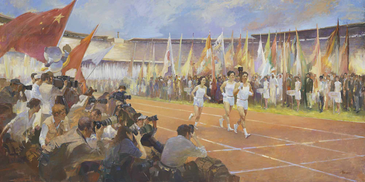 122-《点燃圣火》-曹刚-油画-250 cm×500 cm .jpg “不忘初心 牢记使命——庆祝中国共产党成立100周年美术作品展览”作品赏析(四)